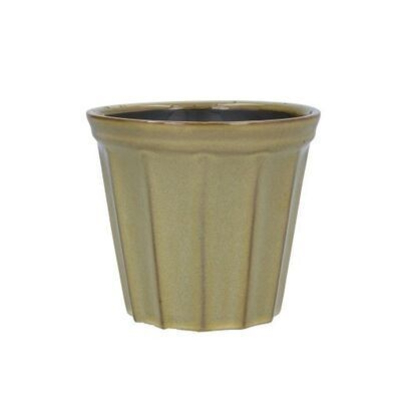 Ceramic ribbed pot cover in chartreuse. The perfect addition to your home or garden for spring. By Gisela Graham.